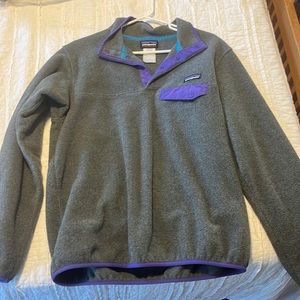 Patagonia women’s gray & purple pullover, quarter-button